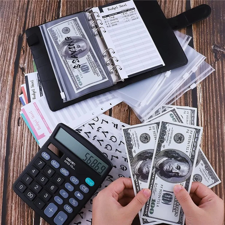 A6 Budget Binder PU Leather Budgeting Planner Organizer Book Cover with Zipper Envelopes for Budgeting, Expense Budget Sheets, Sticky Labels - Black