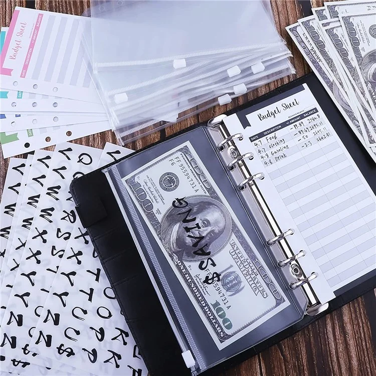 A6 Budget Binder PU Leather Budgeting Planner Organizer Book Cover with Zipper Envelopes for Budgeting, Expense Budget Sheets, Sticky Labels - Black