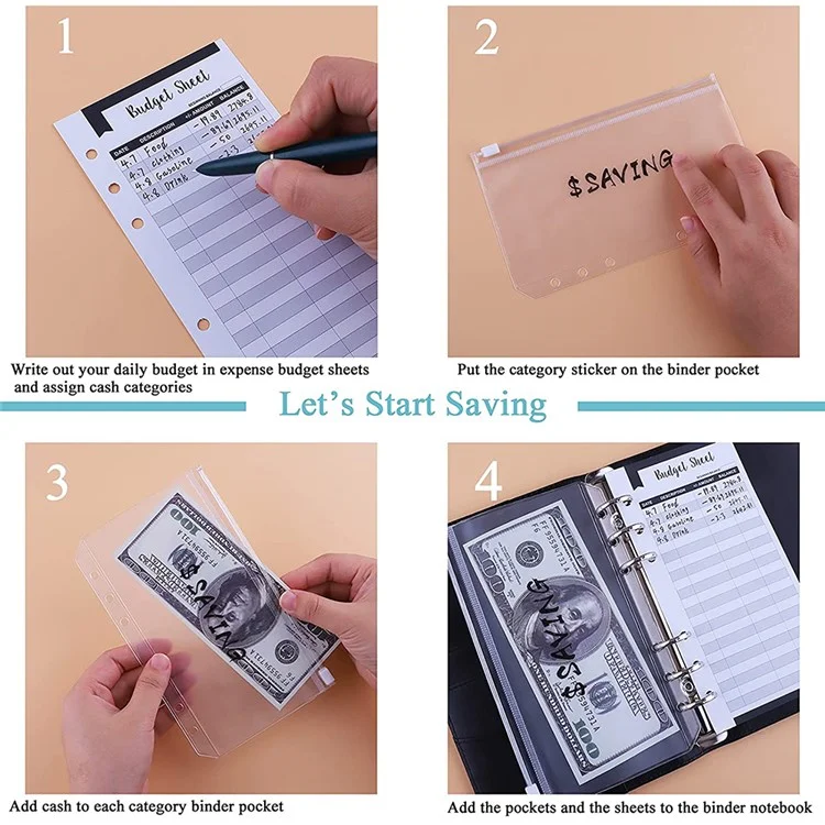 A6 Budget Binder PU Leather Budgeting Planner Organizer Book Cover with Zipper Envelopes for Budgeting, Expense Budget Sheets, Sticky Labels - Black