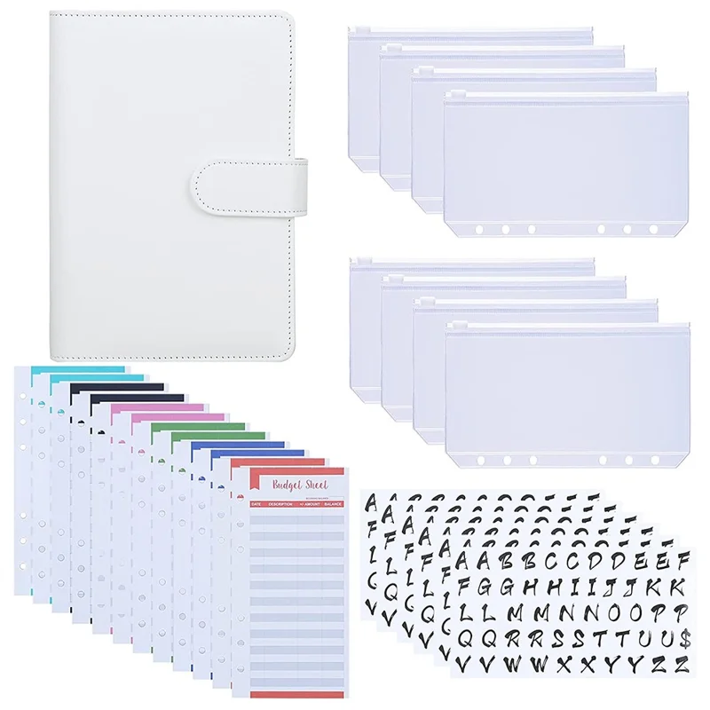 A6 Budget Binder PU Leather Budgeting Planner Organizer Book Cover with Zipper Envelopes for Budgeting, Expense Budget Sheets, Sticky Labels - White