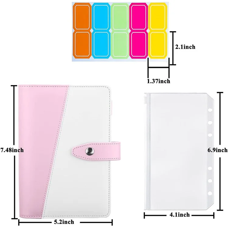 Splicing Design A6 PU Leather Binder Notebook 6 Rings Binder Cover with 12 PVC Pockets and 2 Random Color Label Stickers - Pink/White