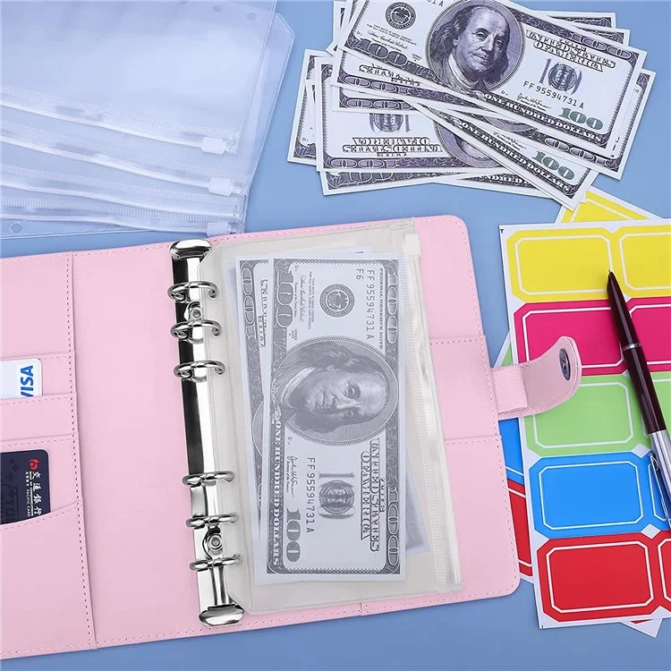 Splicing Design A6 PU Leather Binder Notebook 6 Rings Binder Cover with 12 PVC Pockets and 2 Random Color Label Stickers - Pink/White
