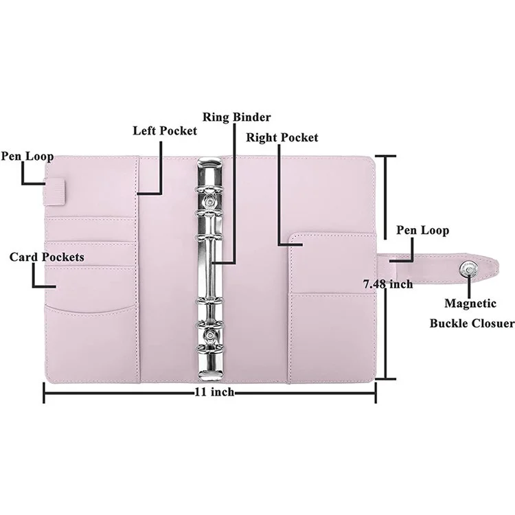 Splicing Design A6 PU Leather Binder Notebook 6 Rings Binder Cover with 12 PVC Pockets and 2 Random Color Label Stickers - Pink/White