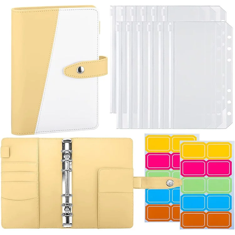 Splicing Design A6 PU Leather Binder Notebook 6 Rings Binder Cover with 12 PVC Pockets and 2 Random Color Label Stickers - Yellow/White