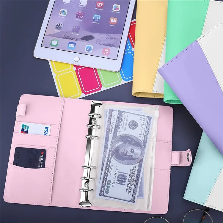 Splicing Design A6 PU Leather Binder Notebook 6 Rings Binder Cover with 12 PVC Pockets and 2 Random Color Label Stickers - Yellow/White
