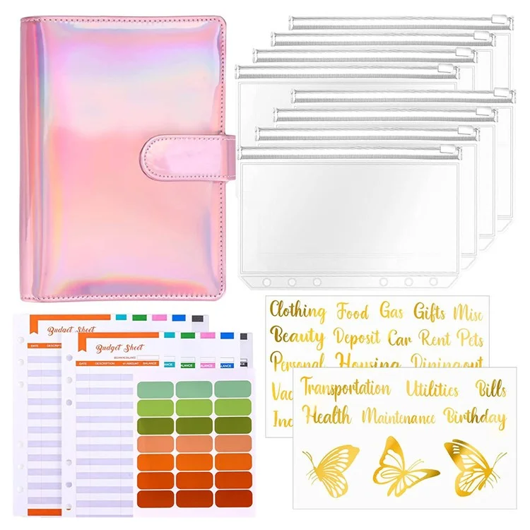 A6 PU Leather Magnetic Clasp Binder Cover Laser Design Shell with Loose Leaf PVC Bags, Expense Budget Sheets and Sticky Labels - Pink