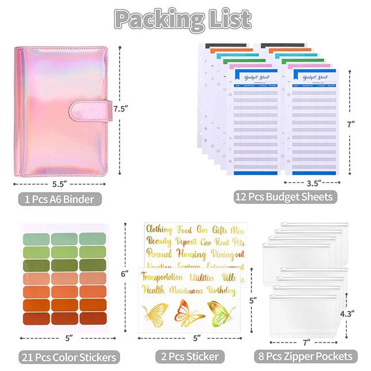 A6 PU Leather Magnetic Clasp Binder Cover Laser Design Shell with Loose Leaf PVC Bags, Expense Budget Sheets and Sticky Labels - Pink