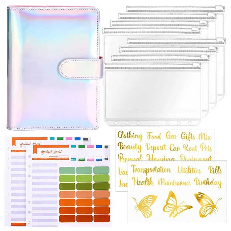 A6 PU Leather Magnetic Clasp Binder Cover Laser Design Shell with Loose Leaf PVC Bags, Expense Budget Sheets and Sticky Labels - Silver
