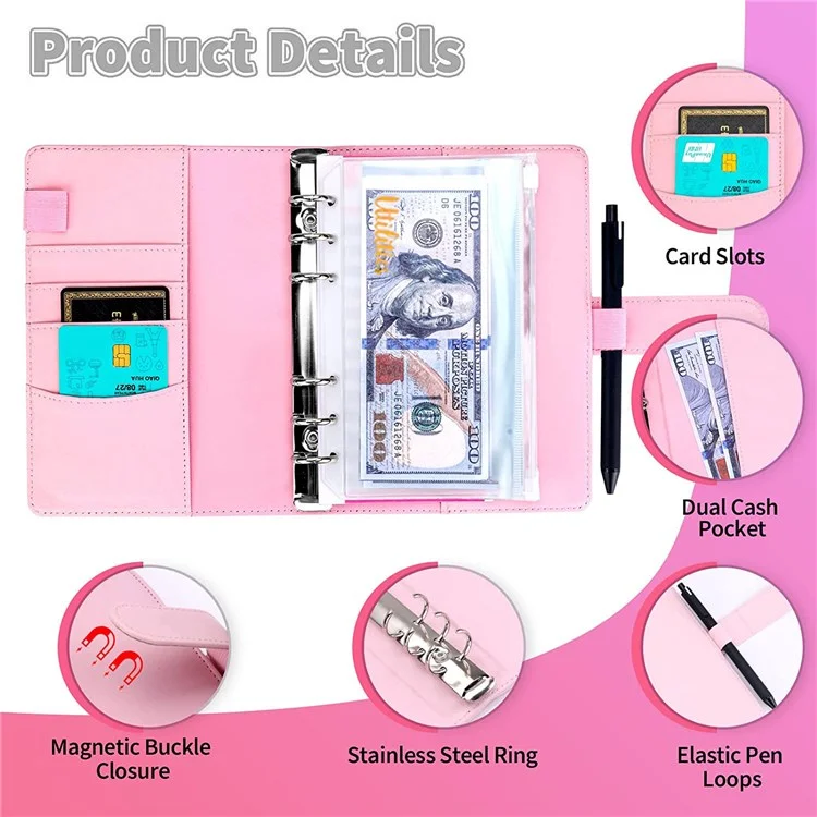 A6 PU Leather Magnetic Clasp Binder Cover Laser Design Shell with Loose Leaf PVC Bags, Expense Budget Sheets and Sticky Labels - Silver