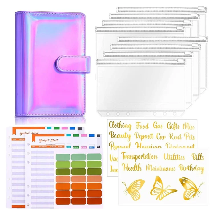 A6 PU кожаный магнитный замок Binder Cover Лазерный дизайн Shell с отстегивающимися листами PVC Bags, листы для бюджета расходов и наклейки - фиолетовый