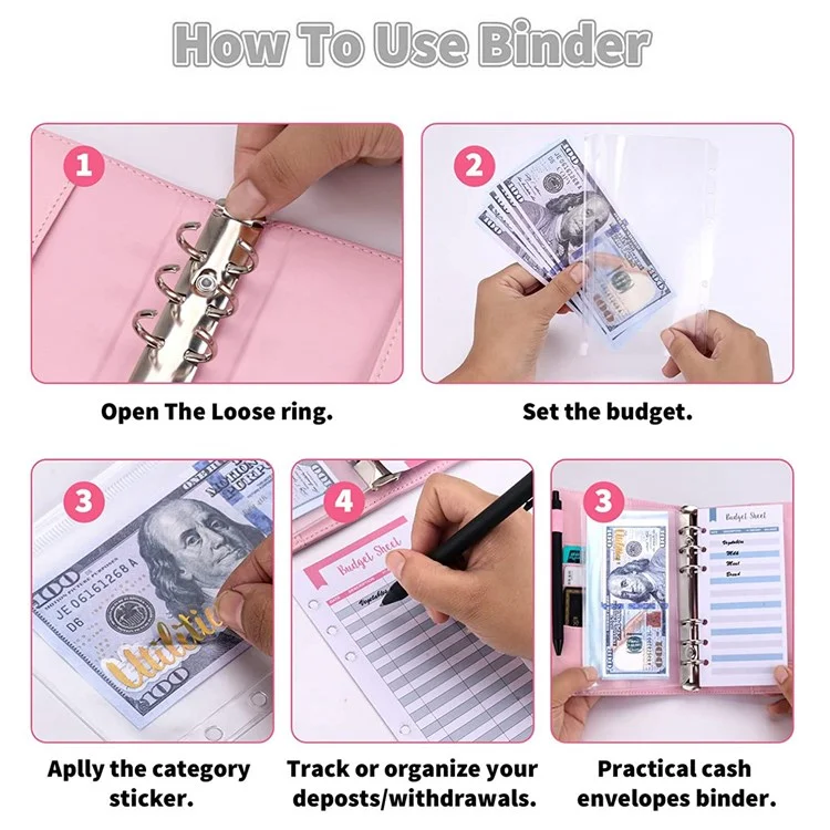 A6 PU кожаный магнитный замок Binder Cover Лазерный дизайн Shell с отстегивающимися листами PVC Bags, листы для бюджета расходов и наклейки - фиолетовый