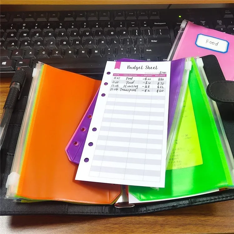 A6 PU Leather Binder Cover Shell Binder Budget Planner Organizer with 12Pcs Loose Leaf PVC Bags, 12Pcs Expense Budget Sheets and 16Pcs Sticky Labels - Black