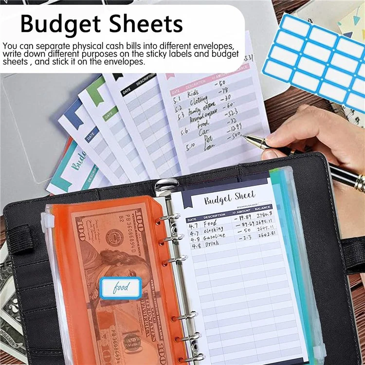 A6 PU Leather Binder Cover Shell Binder Budget Planner Organizer with 12Pcs Loose Leaf PVC Bags, 12Pcs Expense Budget Sheets and 16Pcs Sticky Labels - Black