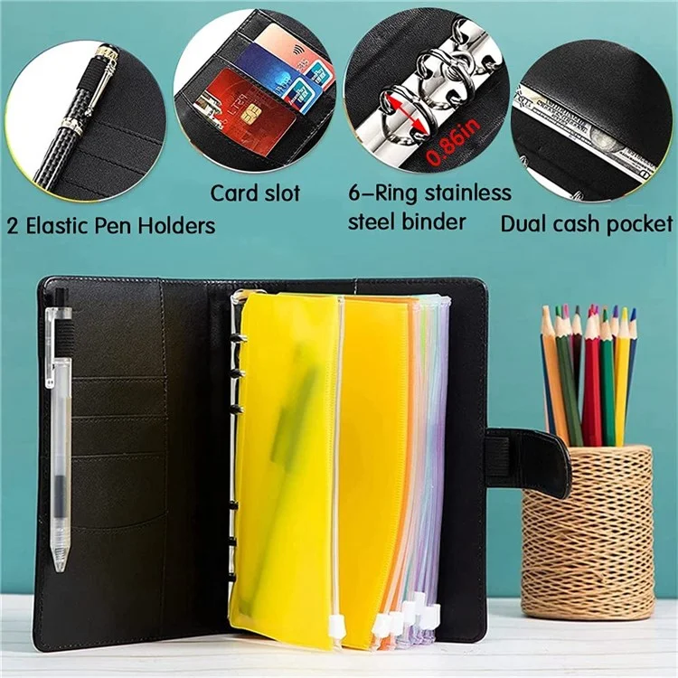 A6 PU Leather Binder Cover Shell Binder Budget Planner Organizer with 12Pcs Loose Leaf PVC Bags, 12Pcs Expense Budget Sheets and 16Pcs Sticky Labels - Black