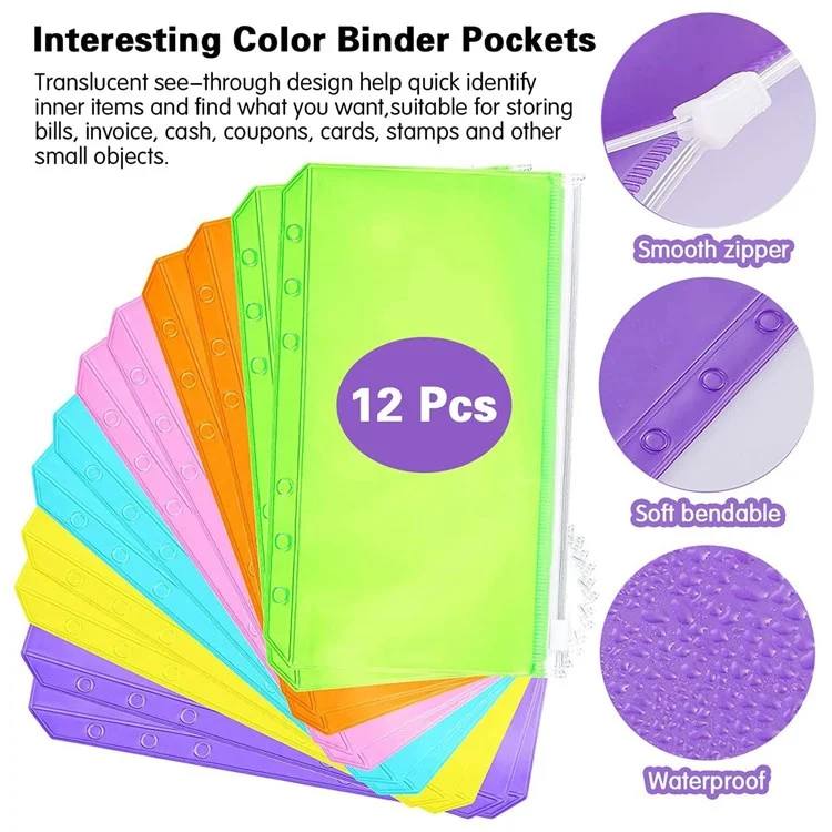 A6 PU Leather Binder Cover Shell Binder Budget Planner Organizer with 12Pcs Loose Leaf PVC Bags, 12Pcs Expense Budget Sheets and 16Pcs Sticky Labels - Black
