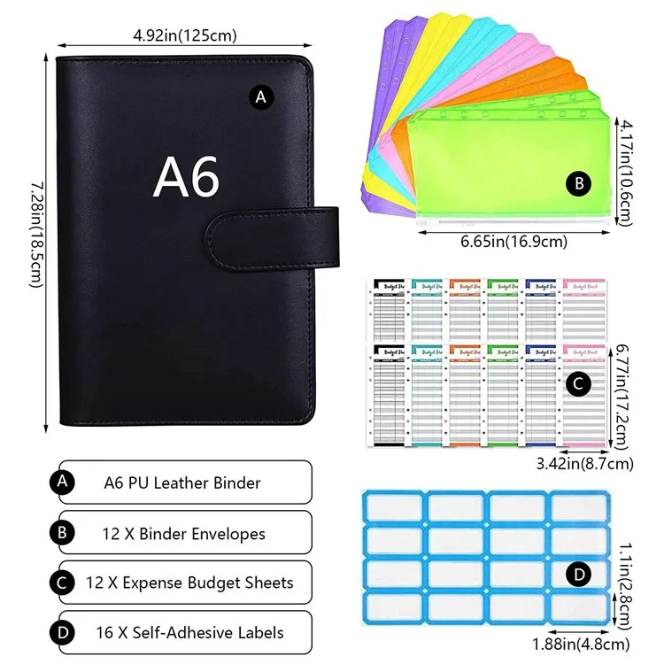 A6 PU Leather Binder Cover Shell Binder Budget Planner Organizer with 12Pcs Loose Leaf PVC Bags, 12Pcs Expense Budget Sheets and 16Pcs Sticky Labels - Black