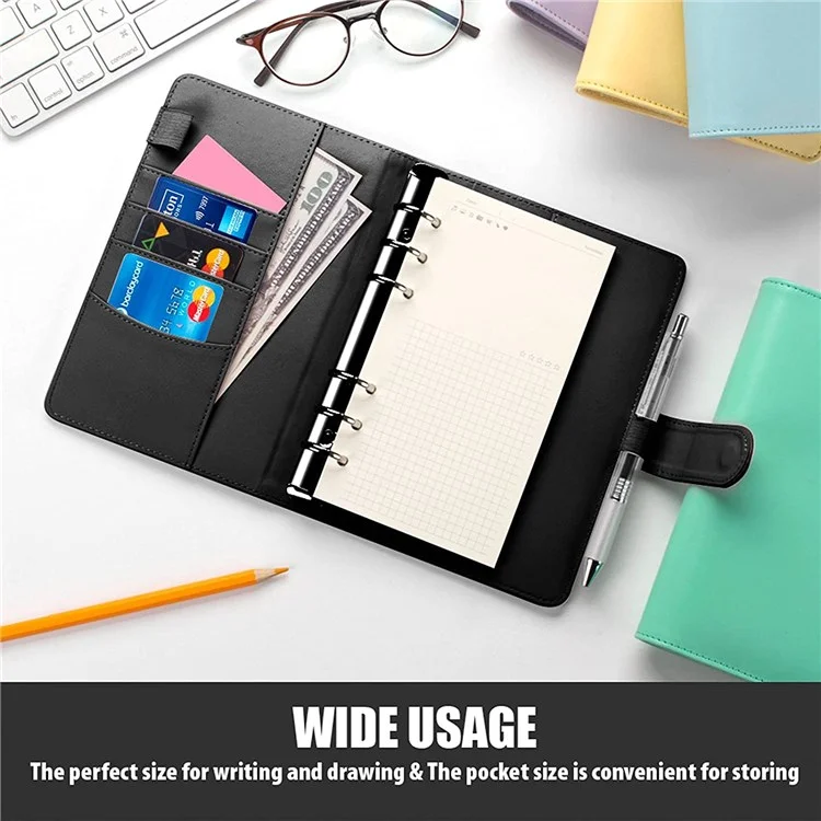 A6 Size 6-Ring PU Leather Notebook Binder Cover Magnetic Closure Planner Journal Binder Shell - Black