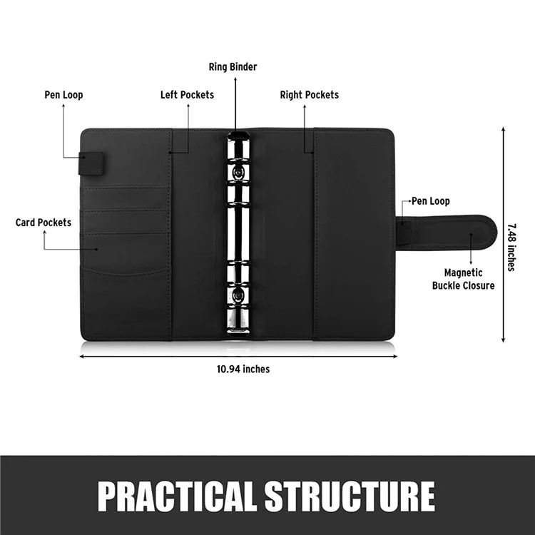 A6 Size 6-Ring PU Leather Notebook Binder Cover Magnetic Closure Planner Journal Binder Shell - Black