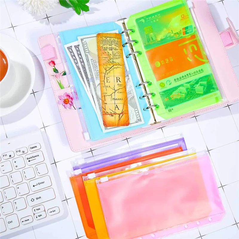 12PCS A6 Size Binder Pockets 6-Hole Zipper PVC Waterproof Pouch Different Colors Storage Bags Document Bill Organizers