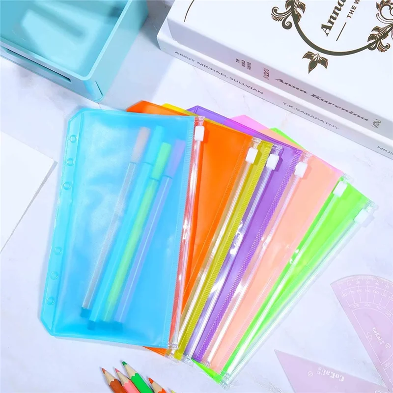 12PCS A6 Size Binder Pockets 6-Hole Zipper PVC Waterproof Pouch Different Colors Storage Bags Document Bill Organizers