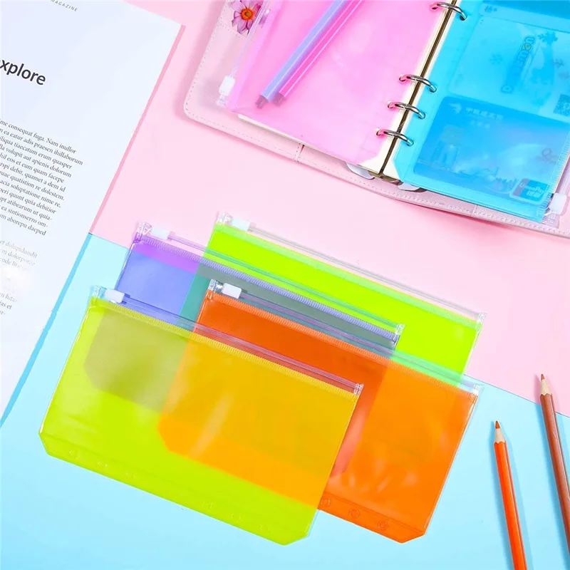 12PCS A6 Size Binder Pockets 6-Hole Zipper PVC Waterproof Pouch Different Colors Storage Bags Document Bill Organizers