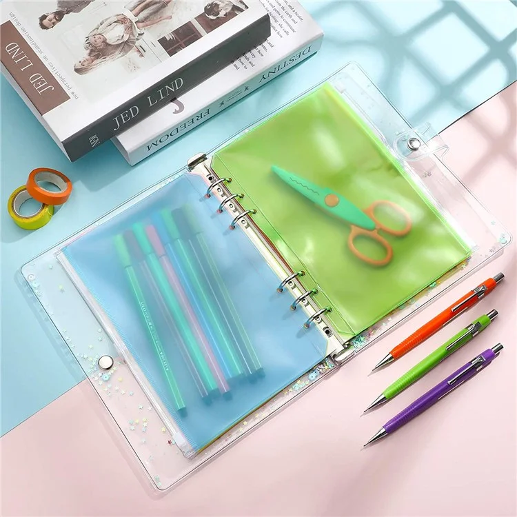 12PCS A5 Size Binder Pockets 6 Colors Zipper 6-Hole Folders Waterproof PVC Pouch Document Bill Bags Storage Bags