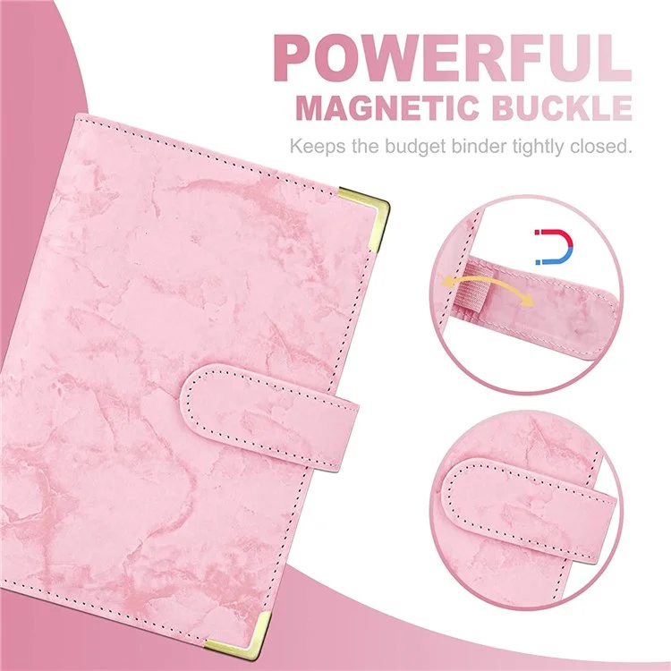 A6 PU Leather Binder Cover Bill Card Money Organizer Marbling Pattern Magnetic Clasp Gold Frame Protection Corners Binder Shell - Pink