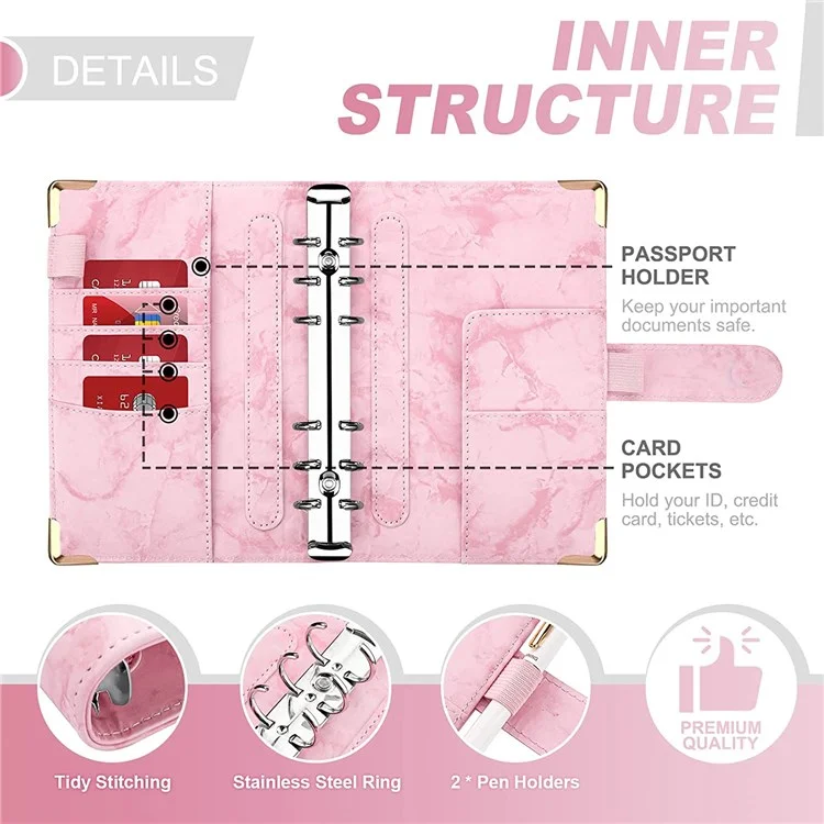 A6 PU Leather Binder Cover Bill Card Money Organizer Marbling Pattern Magnetic Clasp Gold Frame Protection Corners Binder Shell - Pink