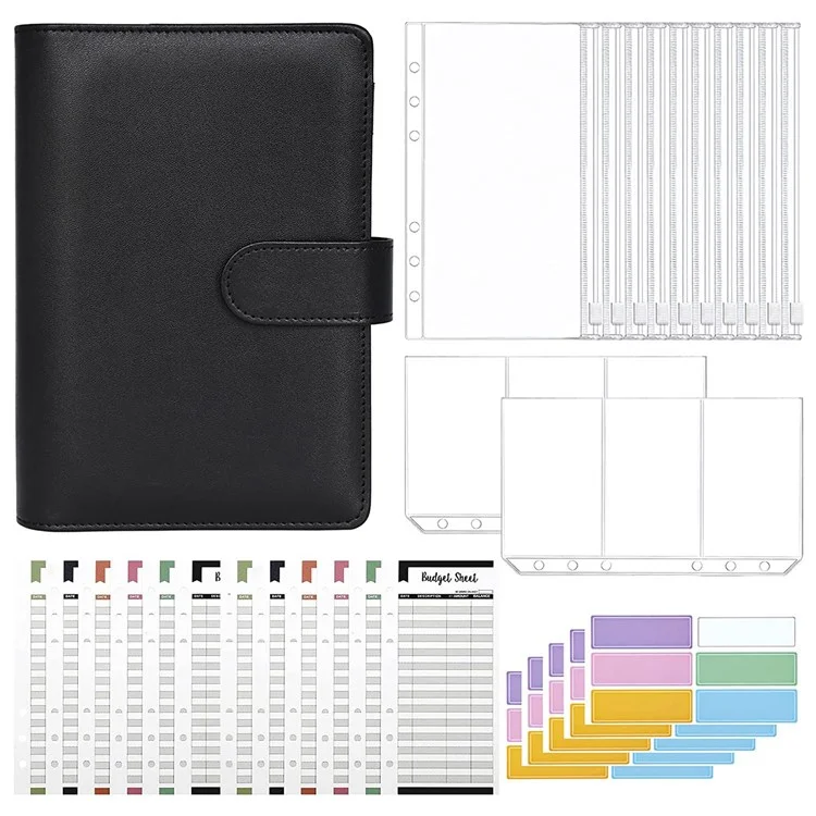 A6 PU Leather Budget Binder Cover with Expense Budget Sheets, Zipper Binder Pockets, 3-Grid Card Pockets and Self-Adhesive Labels - Black