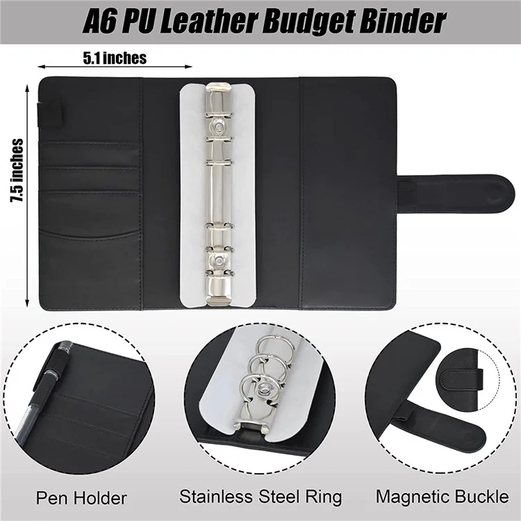 A6 PU Leather Budget Binder Cover with Expense Budget Sheets, Zipper Binder Pockets, 3-Grid Card Pockets and Self-Adhesive Labels - Black
