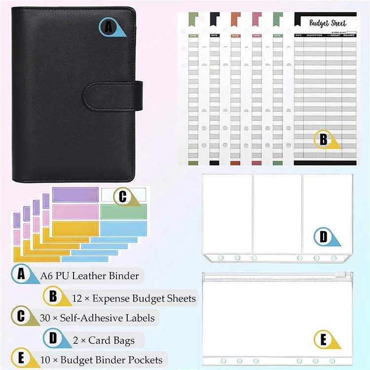 A6 PU Leather Budget Binder Cover with Expense Budget Sheets, Zipper Binder Pockets, 3-Grid Card Pockets and Self-Adhesive Labels - Black
