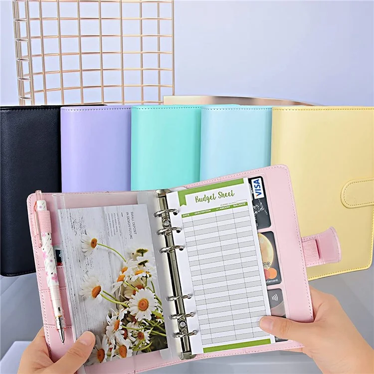 A6 PU Leather Budget Binder Cover with Expense Budget Sheets, Zipper Binder Pockets, 3-Grid Card Pockets and Self-Adhesive Labels - Black