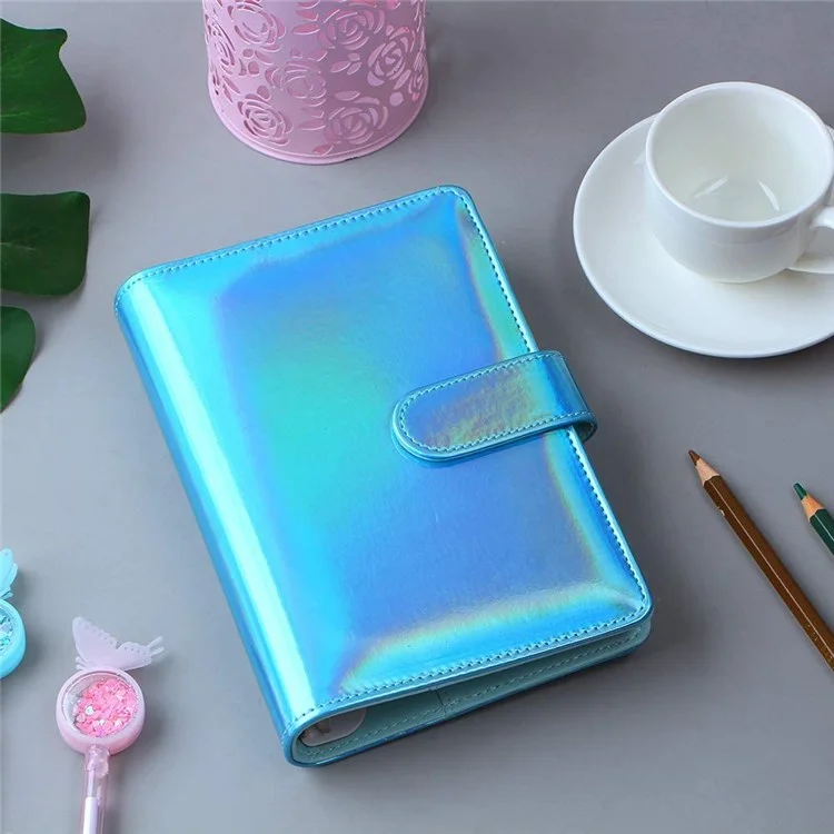 A6 Size 6-Ring PU Leather Notebook Binder Cover Laser Design Planner Journal Binder Shell for Budget System - Blue
