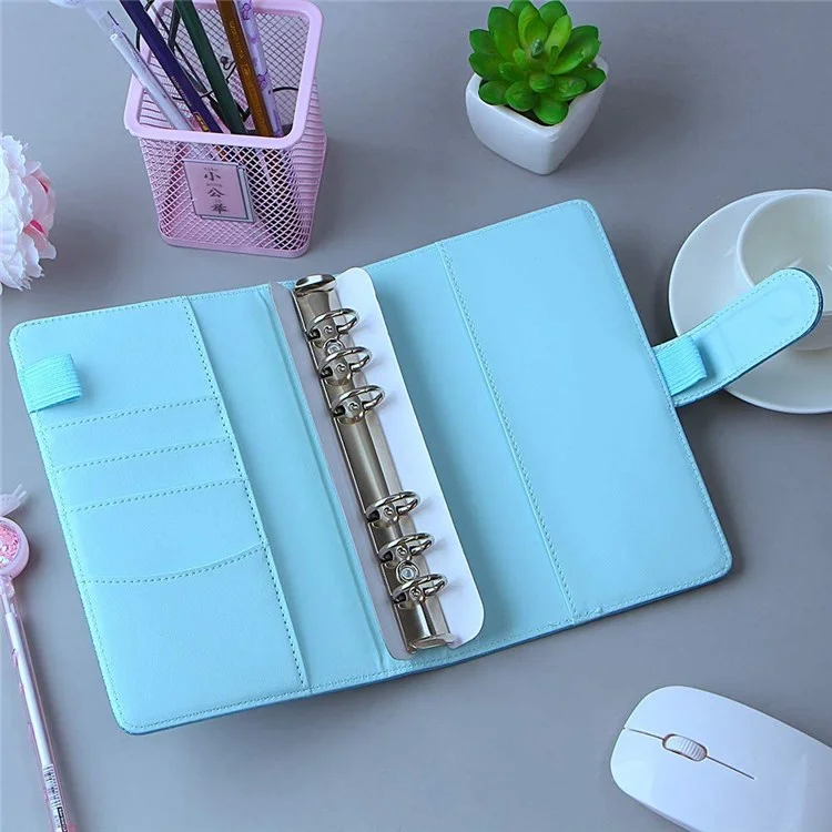 A6 Size 6-Ring PU Leather Notebook Binder Cover Laser Design Planner Journal Binder Shell for Budget System - Blue