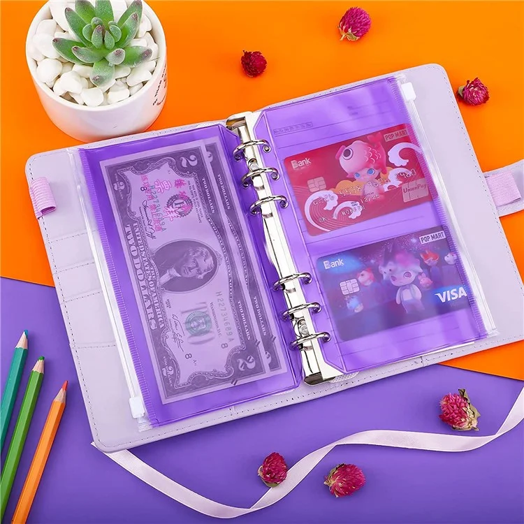 12PCS A6 Size Binder Pockets Purple Zipper Folders Waterproof PVC Pouch Document Bill Bags Storage Bags for 6-Ring Binder