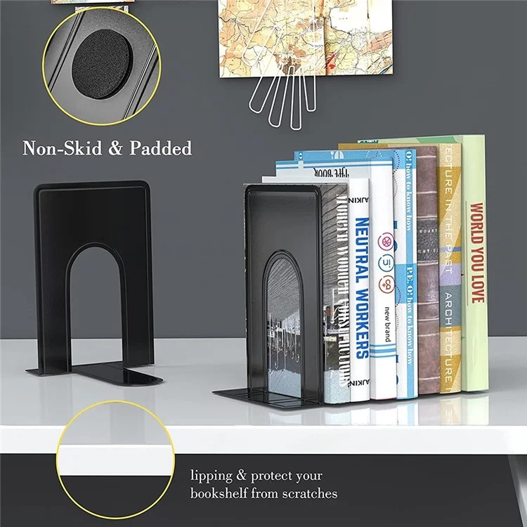 3 Pairs Bookends Metal Book Ends Heavy Duty Book Shelves Non-skid Book Holder Supports for Library Office Home - Black
