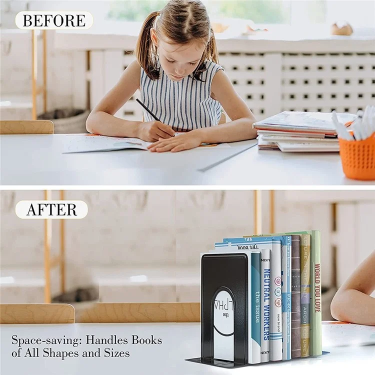 3 Pairs Bookends Metal Book Ends Heavy Duty Book Shelves Non-skid Book Holder Supports for Library Office Home - Black