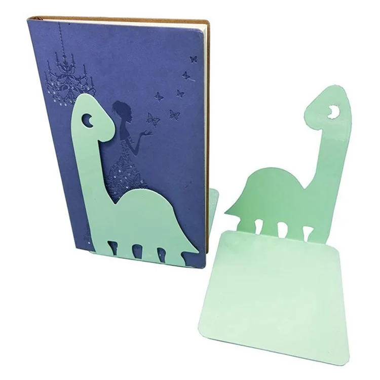 1 Pair Bookends Cartoon Dinosaur Bookshelf Non-slip Metal Book Storage Organizer for Home, School, Office - Green