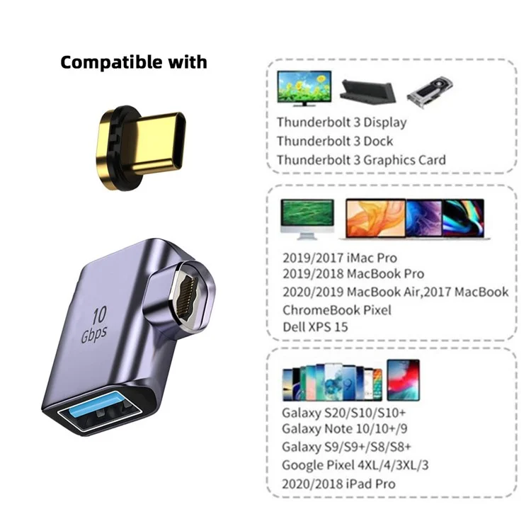 UC-028-AF Malatique Magnétique USB-C Mâle Vers un Adaptateur de Coude Femelle USB-A Convertisseur de Transfert de Données 10 Gbit / s