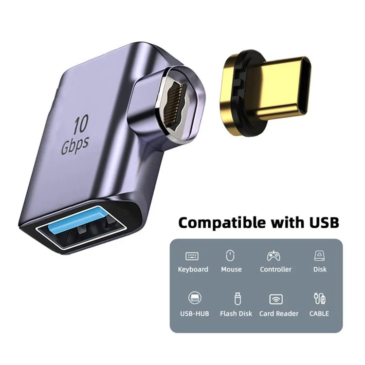 UC-028-AF Malatique Magnétique USB-C Mâle Vers un Adaptateur de Coude Femelle USB-A Convertisseur de Transfert de Données 10 Gbit / s