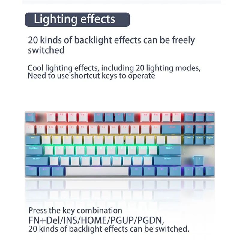 IBLANCOD K87 87-Key Conflict Free Mechanical Keyboard with Colorful Backlit for Home/Office/Gaming - White+Blue/Red Switch