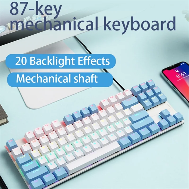IBLANCOD K87 87-Key Conflict Free Mechanical Keyboard with Colorful Backlit for Home/Office/Gaming - White+Blue/Red Switch