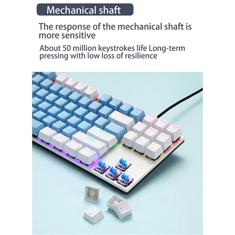 IBLANCOD K87 87-Key Conflict Free Mechanical Keyboard with Colorful Backlit for Home/Office/Gaming - White+Blue/Red Switch