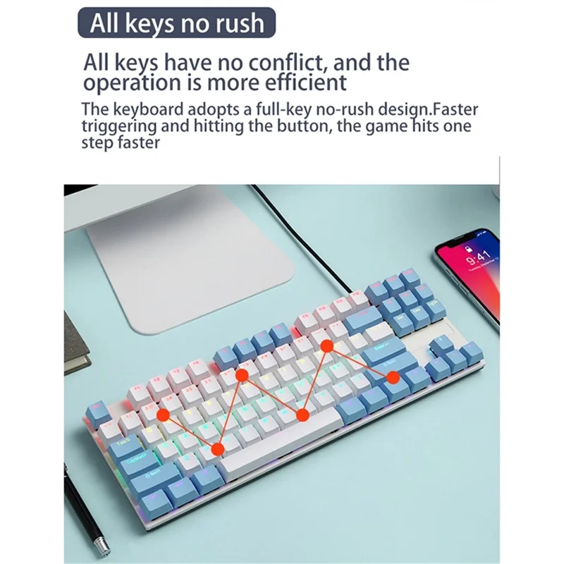 IBLANCOD K87 87-Key Conflict Free Mechanical Keyboard with Colorful Backlit for Home/Office/Gaming - White+Blue/Red Switch