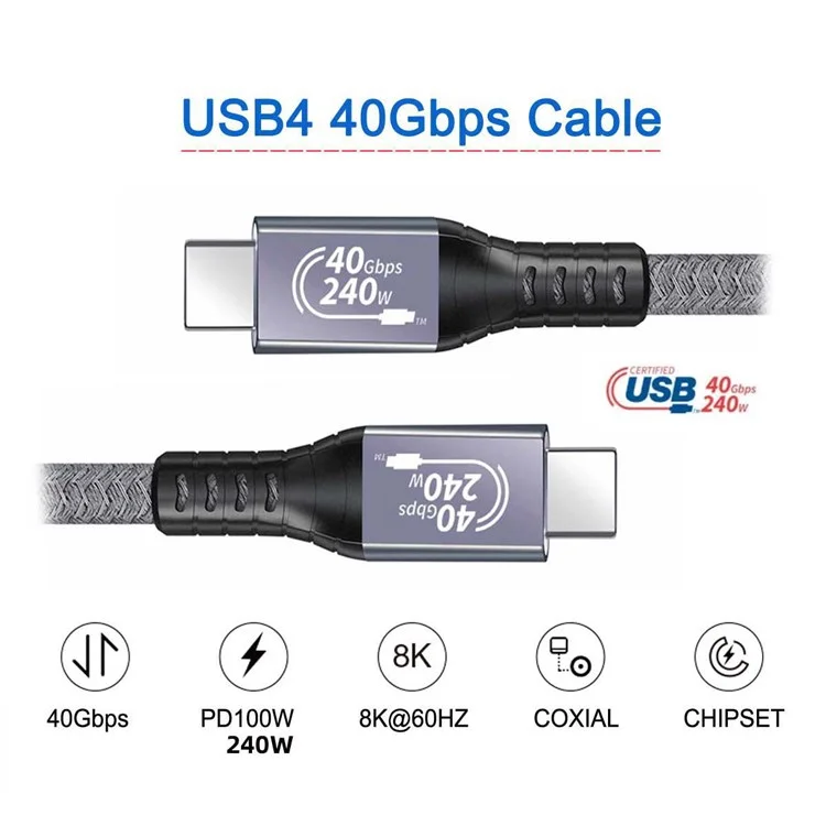 UC-074-1.0M 240W USB4 1m 40Gbps Type-C Cord High Speed Transfer USB C Cable with Thunderbolt 3 4 100W Fast Charging 8K 4K Video Output