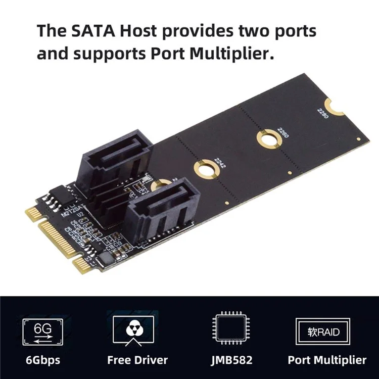 SA-043 NGFF KEY B+M PCI Express to SATA 3.0 6Gbps Dual Ports Adapter 22x80MM Converter Hard Drive Extension Card JMB582 2230 2242 2260 2280