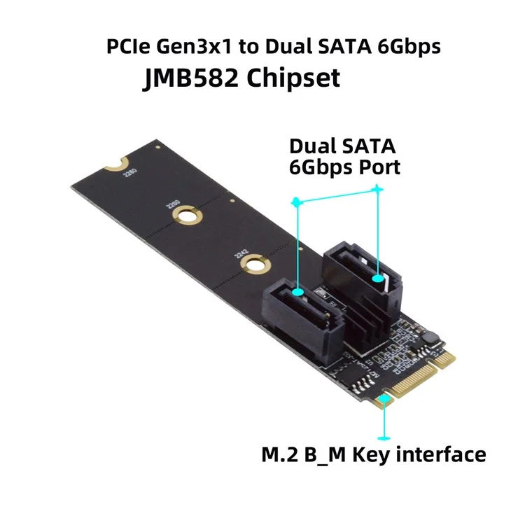 SA-043 NGFF KEY B+M PCI Express to SATA 3.0 6Gbps Dual Ports Adapter 22x80MM Converter Hard Drive Extension Card JMB582 2230 2242 2260 2280