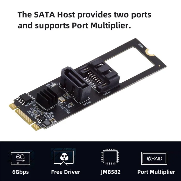 SA-044 NGFF KEY B+M to SATA 3.0 6Gbps Dual Ports Vertical+Horizontal Adapter 22*80MM Converter Hard Drive Extension Card JMB582 2280