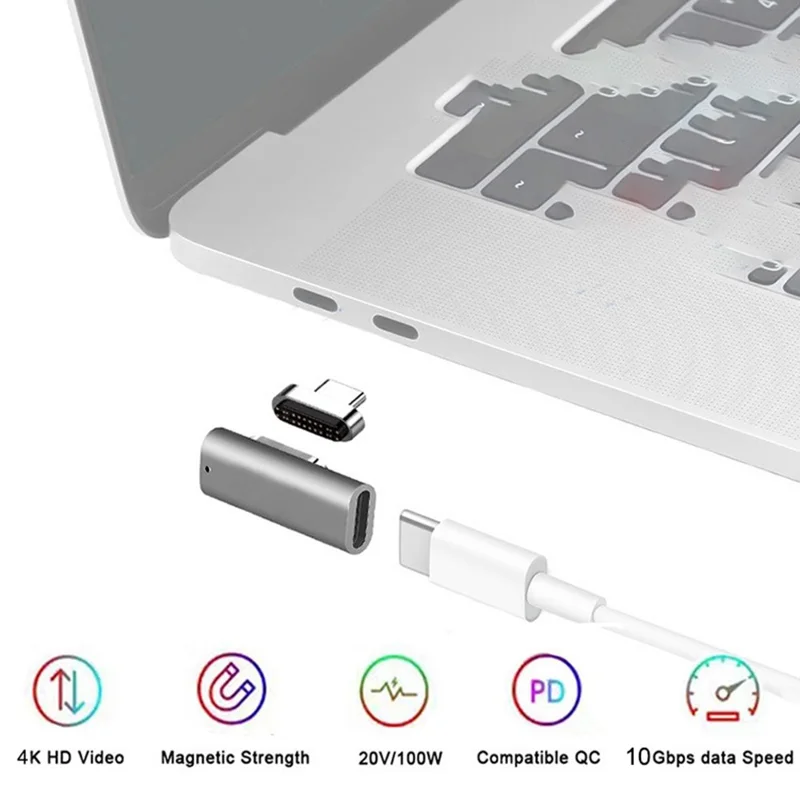 For MacBook 20Pin Elbow Magnetic USB C Adapter PD 100W Fast Charging Data Transmission Type-C Connector - Silver