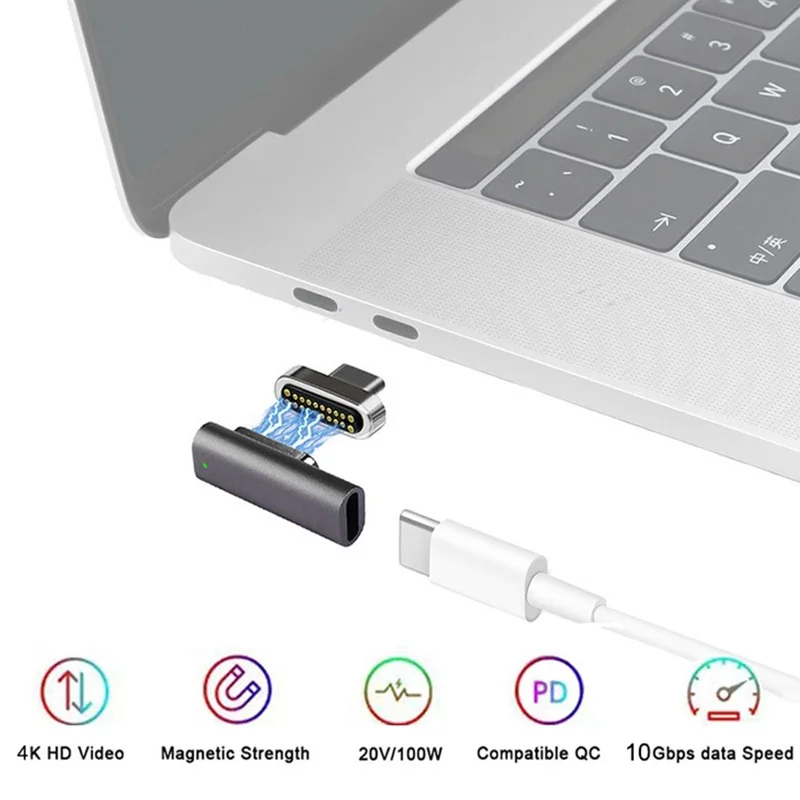 For MacBook 20Pin Elbow Magnetic USB C Adapter PD 100W Fast Charging Data Transmission Type-C Connector - Black